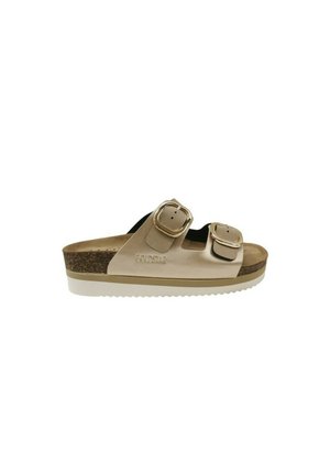 Sandalo beige con punta aperta, due cinturini con fibbie dorate, plantare in sughero e suola bianca scanalata, vista laterale su sfondo bianco.