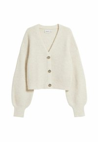Väldigt beige kort cardigan med V-ringning, ribbad textur och breda, ballongärmar; har fyra metallknappar framtill.