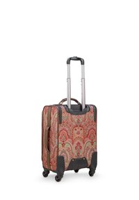 Hard-shell suitcase with a red and green floral paisley pattern, two extendable handles, and four black wheels for mobility.