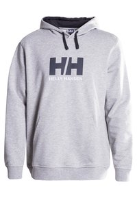 Felpa grigia in misto cotone, con tasca a marsupio, polsini e orlo ribattuti, caratterizzata da un grande logo "HH" e dal testo "HELLY HANSEN" in blu navy.