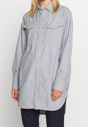Camicia a righe blu chiaro e bianca, con colletto, due tasche sul petto e maniche lunghe. Presenta un orlo curvo e una vestibilità rilassata.