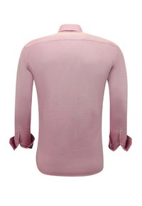 Lange mouwen shirt in lichtroze stof met een gestructureerde afwerking, met een standaard kraag en knoopmanchetten, van achteren weergegeven.