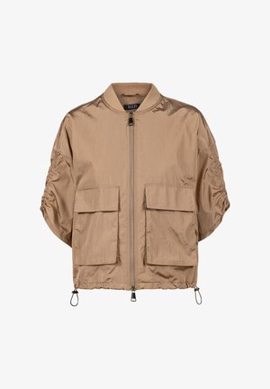 Beige korte mouwen bomberjack met ritssluiting aan de voorkant, twee grote klepzakken, geplooide mouwen en verstelbare trekkoorden aan de zoom.