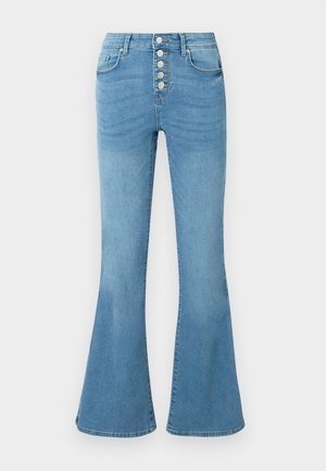 Svetlomodré džínsové nohavice zvonového strihu s vysokým pásom, päťgombíkovým zapínaním a jemným vyblednutím na prednej strane pre textúru.