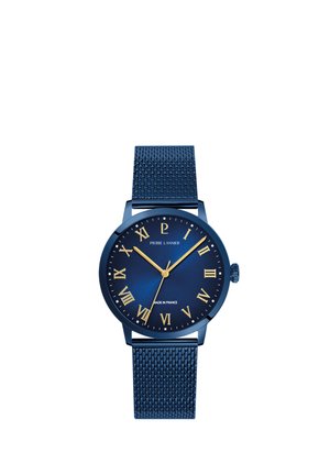 Blaues Armbanduhr mit goldenen römischen Ziffern und Zeigern, Mesh-Armband, zeigt 10:09:36, „Pierre Lannier“ und „Made in France“ auf dem Zifferblatt.