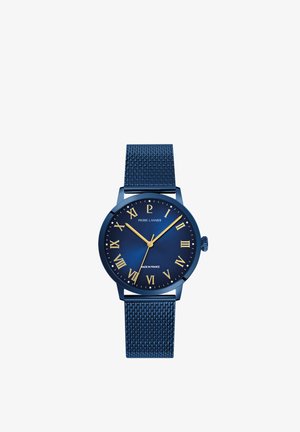 Blåt armbåndsur med guld romertal og visere, mesh-rem, viser 10:09:36, "Pierre Lannier" og "Made in France" på urskiven.