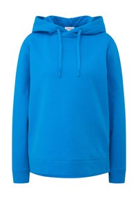 Blauwe hoodie met lange mouwen, voorzien van een trekkoord in de capuchon en ribgebreide boorden en onderrand. Eenvoudig ontwerp zonder zichtbare logo's of patronen.