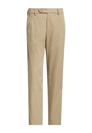 Beige gerade geschnittene Hose mit Knopfverschluss, Gürtelschlaufen, Seitentaschen und flacher Vorderseite.