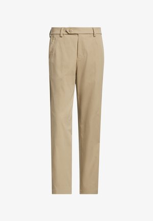 Beige gerade geschnittene Hose mit Knopfverschluss, Gürtelschlaufen, Seitentaschen und flacher Vorderseite.