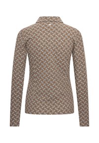 Bruin langemouwshirt met een wit bloemenpatroon en een kraag. Gemaakt van zacht materiaal met een gestructureerde afwerking.