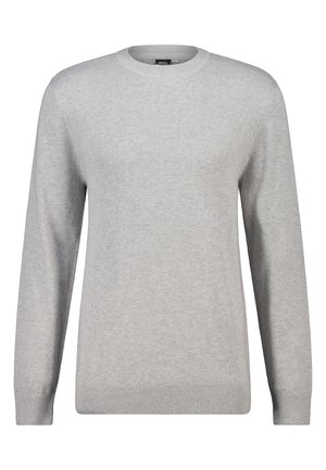 Vaaleanharmaa, pitkähihainen pyörökaulusneule, jossa on joustavat hihansuukkeet ja helma, esitelty valkoista taustaa vasten.