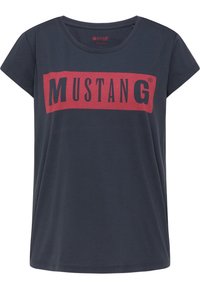 Navy blue T-shirt made of cotton, featuring a red rectangular “MUSTANG” graphic on the front. Short sleeves and a crew neckline.