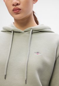 Lyse grønn hettegenser med kengurulomme, snøring på hetten, og sølvdetaljer med en liten logo på brystet. Myk tekstur.