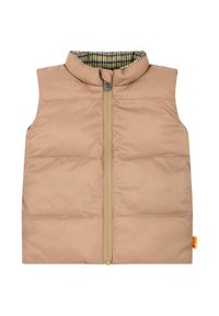 Weste in hellem Beige mit Reißverschluss, hohem Kragen und Futter aus kariertem Stoff. Mit einem kleinen Logosticker an der Seite.