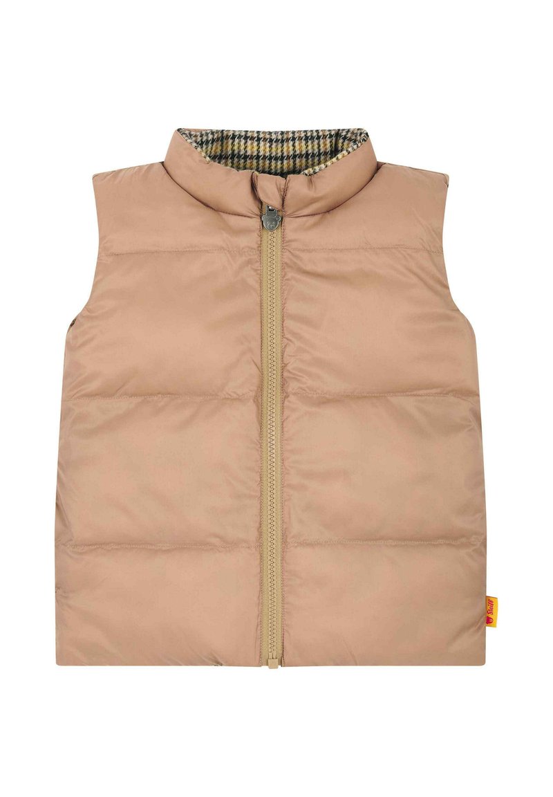 Weste in hellem Beige mit Reißverschluss, hohem Kragen und Futter aus kariertem Stoff. Mit einem kleinen Logosticker an der Seite.