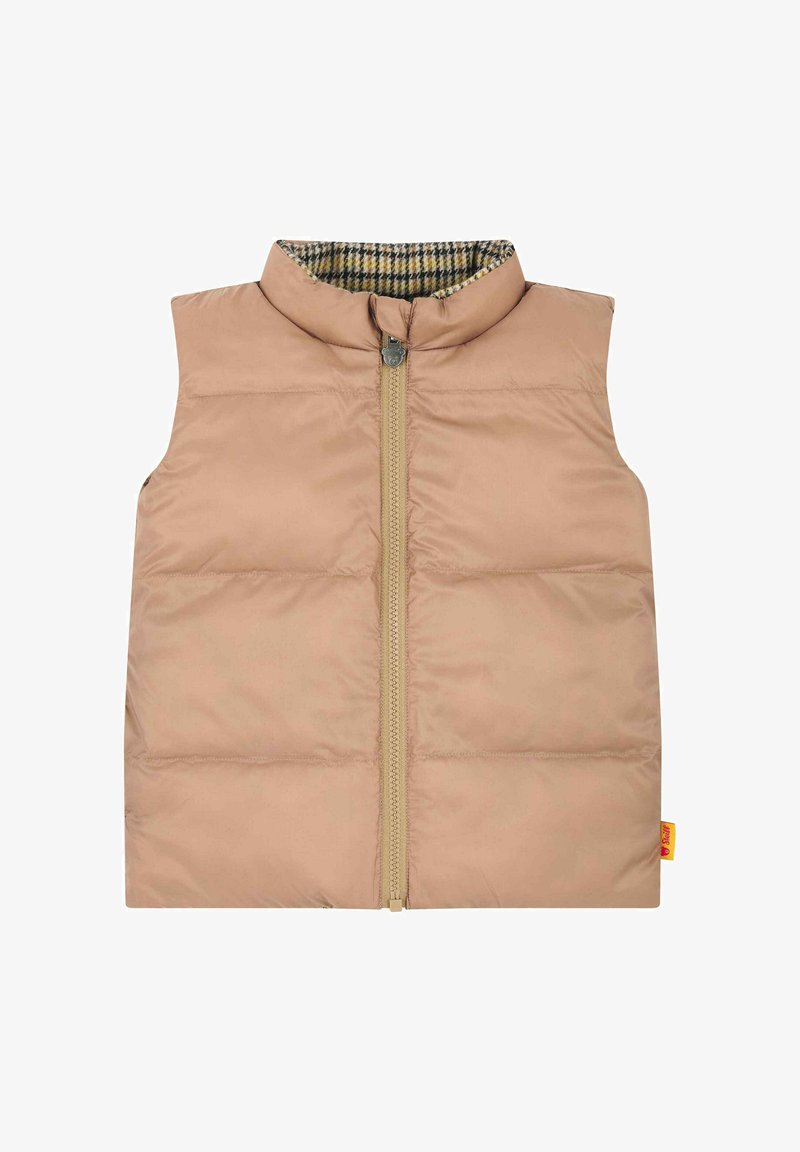 Gilet imbottito in beige chiaro con chiusura a zip, colletto alto e fodera a tessuto a quadri. Presenta un piccolo tag con logo sul lato.