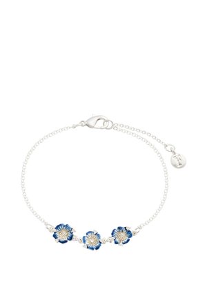 Silver chain bracelet with three blue and white enamel flower charms and a lobster clasp closure with an adjustable chain end.