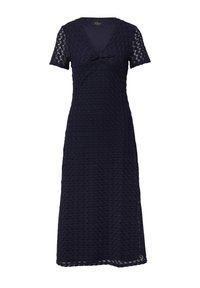 Robe bleu marine à manches courtes, décolleté en V et motif en losanges texturé. Présente un détail en forme de nœud à l'avant et une jupe droite.