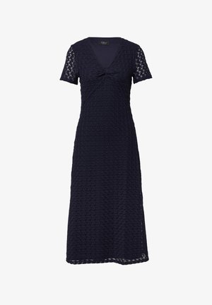 Marineblaues Kleid mit kurzen Ärmeln, V-Ausschnitt und strukturiertem Diamantmuster. Mit einer Schleifendetail an der Vorderseite und einem geraden Rock.