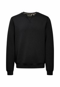 Zwarte sweatshirt met een ronde hals, geribbelde manchetten en zoom. Gladde textuur met een minimalistisch ontwerp en subtiele stikdetails.