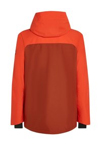 Vandafvisende jakke med en livlig orange overdelt og en brun nederste sektion. Har hætte, lange ærmer og sorte manchetter.