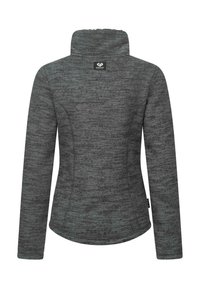 Fleecejacka med hög krage. Strukturerad mörkgrå tyget med subtila ljusgrå ränder. Bakvy som visar släta sömmar och en logopatch.