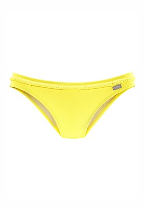 Gelbe Bikiniunterteile aus glattem Stoff, mit einem doppellagigen Bund und geflochtenen Details sowie einem kleinen metallischen Logo-Akzent.