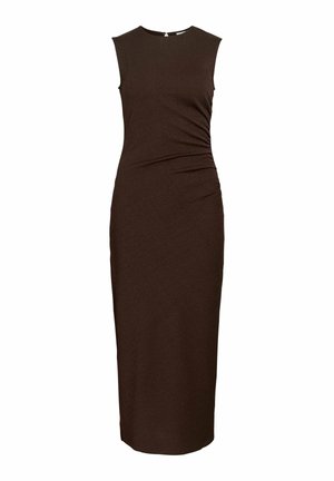 Mouwloze donkerbruine midi-jurk met hoge hals, aansluitende silhouet en subtiel geplooid detail aan de zijkant van de taille.