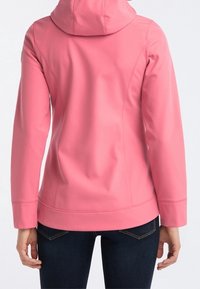 Roze hooded jack met zachte stof, een aangesloten ontwerp en platte naden. Heeft een licht gebogen zoom en lange mouwen.