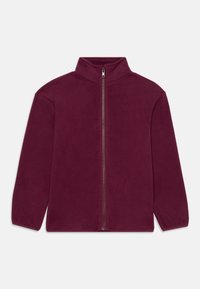Bordeaux full-zip fleecejakke med ståkrage og subtilt brodert logo på venstre bryst, lange ermer og elastiske mansjetter.