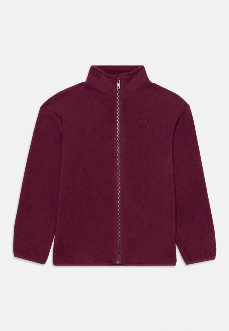 Bordeaux full-zip fleecejakke med ståkrage og subtilt brodert logo på venstre bryst, lange ermer og elastiske mansjetter.