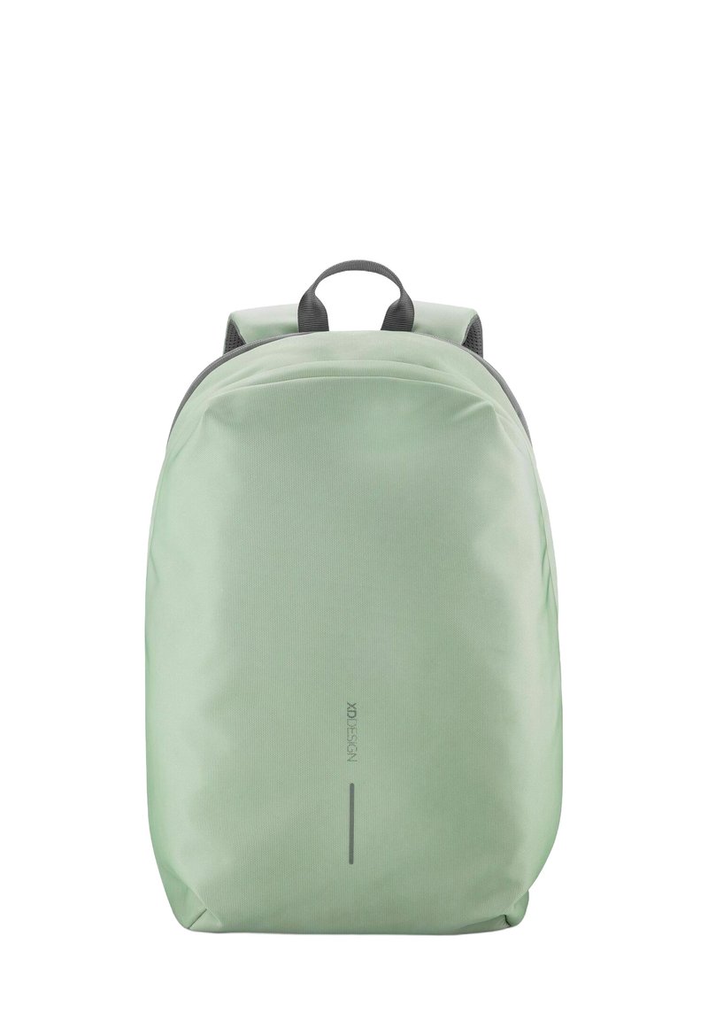 Light green backpack with a smooth, textured surface, padded straps, and a sleek, minimalist design. Logo and reflective strip on the front.