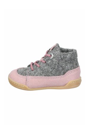 Gray and pink high-top shoe featuring a textured upper, round laces, and a rubber sole with stitching details.