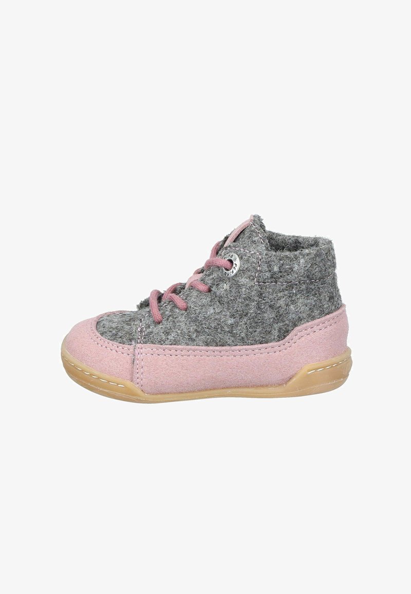 Gray and pink high-top shoe featuring a textured upper, round laces, and a rubber sole with stitching details.