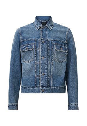 Blaue Jeansjacke mit klassischem Design, zwei vorderen Taschen, Knopfverschluss und leichter Ausbleichung für Textur und Detail.