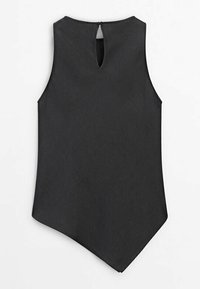 Czarny bezrękawnik z wysokim dekoltem, tylnym detalem w kształcie łezki i asymetrycznym dołem. Gładka tekstura i prosty design.