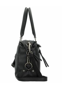 Mustakallinen olkalaukku, jossa on kaksi vahvaa kahvaa, irrotettava hihna, vetoketjukiinnitys ja tupsu yksityiskohtia. Rakeinen pinta ja hopeiset yksityiskohdat.