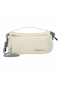 Beige stoffen crossbody tas met een gestructureerde zwart-witte schouderband, ritscompartimenten en een reliëflogo-detail aan de voorkant.