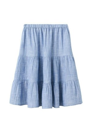 Hellblauer Stufenrock mit gesammeltem elastischem Bund, aus strukturiertem, leichtem Stoff.