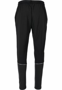 Zwarte sportbroek met een elastische tailleband, taps toelopend ontwerp en reflecterende accenten bij de manchetten. Gemaakt van lichtgewicht, gestructureerde stof.
