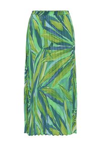 Gonna plissettata verde con un motivo a foglie in varie sfumature di verde e blu. Vita elastica per una vestibilità regolabile. Tessuto leggero.