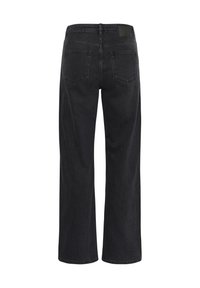 Sorte denimjeans med en lige ben-snit, to baglommer, bæltestropper og en sort lap på linningen.