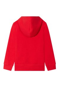 Felpa con cappuccio rosso, in cotone, presenta maniche lunghe, tasca a marsupio frontale e polsini e orlo a coste. Design minimalista.