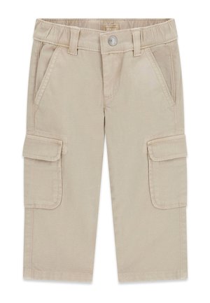 Pantalon cargo beige pour tout-petit avec poches à l'avant, poches latérales à rabat, passants de ceinture et fermeture boutonnée à l'avant.