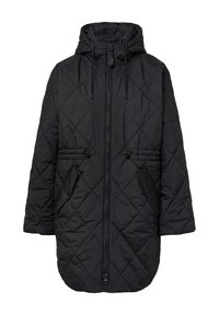 Schwarze gesteppte Parka mit Kapuze, ausgestattet mit einem Reißverschluss vorne, Kordelzügen an der Taille und zwei Seitentaschen. Glattes, leichtes Material.