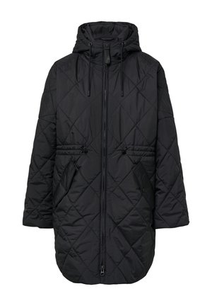 Parka nera imbottita con cappuccio, dotata di chiusura frontale con zip, cordoncini in vita e due tasche laterali. Tessuto liscio e leggero.