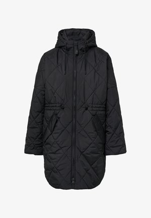 Parka nera imbottita con cappuccio, dotata di chiusura frontale con zip, cordoncini in vita e due tasche laterali. Tessuto liscio e leggero.