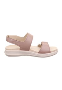 Rosa Leder-Sandale mit einer weichen Fußbett, zwei breiten Riemen über dem Fuß und einem um die Ferse, sowie einer flexiblen weißen Gummisohle.