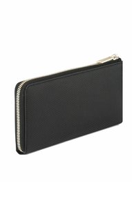 Portafoglio rettangolare nero realizzato con materiale testurizzato e una cerniera dorata. Presenta un design sottile per una facile portabilità.