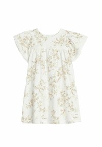Blumenkleid aus leichtem, weichem weißen Stoff mit beigen Blumenmustern. Verfügt über kurze Ärmel und eine geraffte Taille.